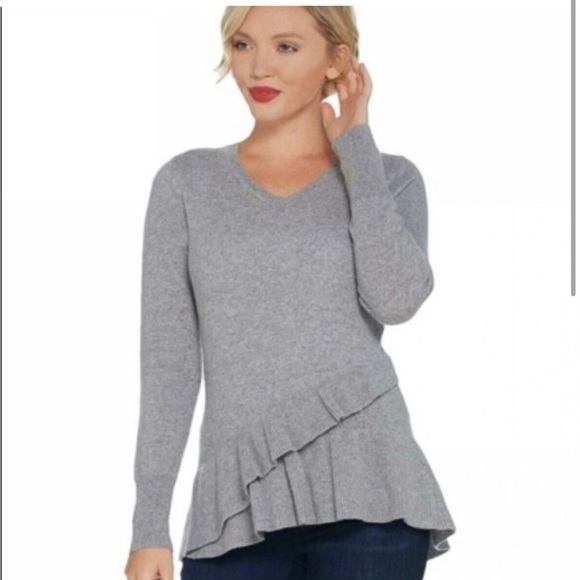 ISAAC Mizrahi 100% Cashmere Long Sleeve V-Neck Sweater Grey Size XXS - Picture 2 of 9